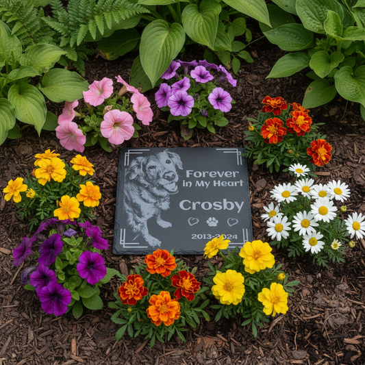 Square Pet Memorial Garden Stone in Flower Bed