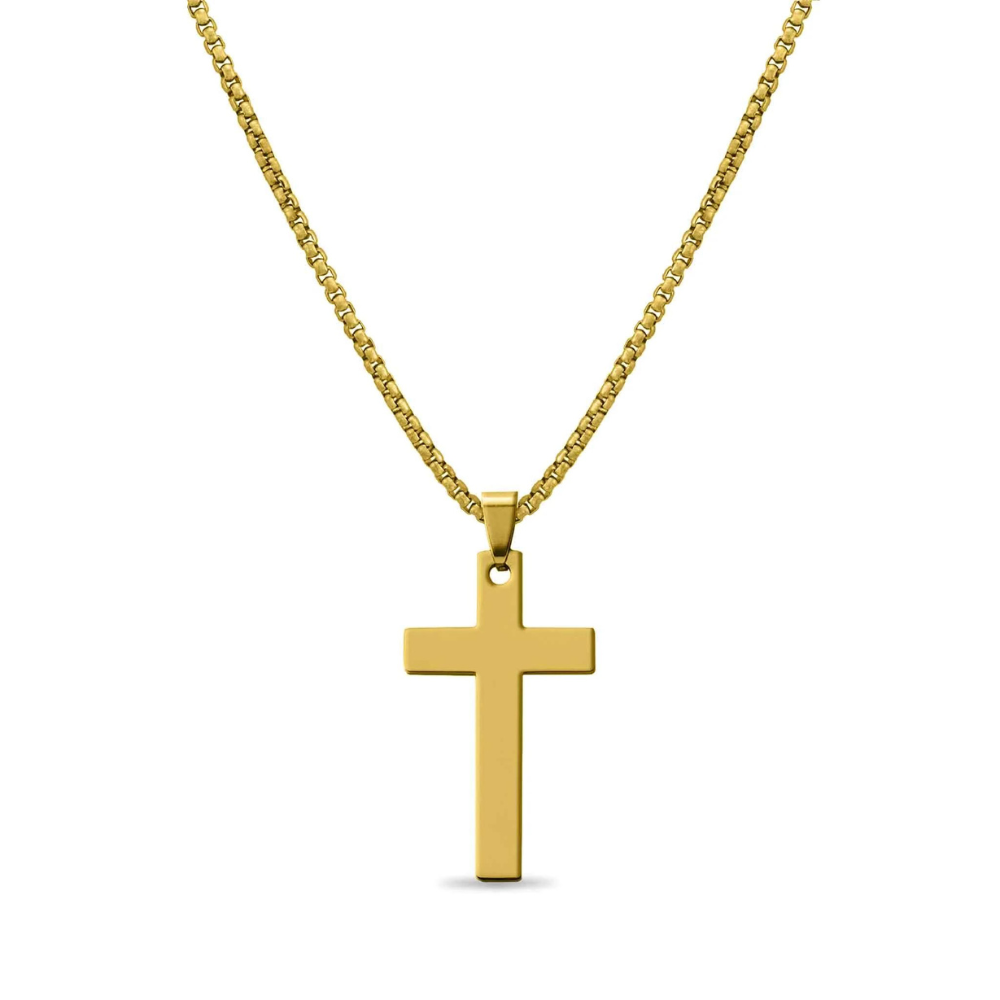 18K PVD Coated Stainless Steel Cross Pendant With Rounded Box Chain