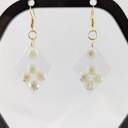 Clear and Pearlized White "Diamond" Resin Art Earrings