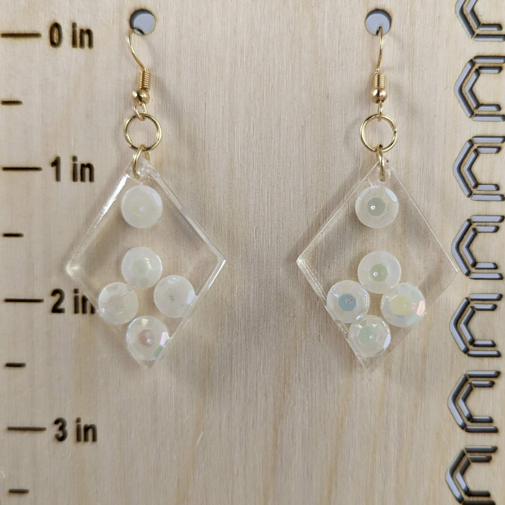 Clear and Pearlized White "Diamond" Resin Art Earrings