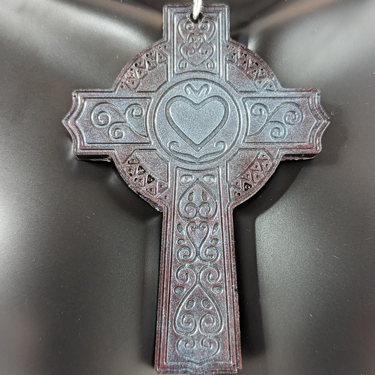 Antique Blue Heart Resin Art Cross Necklace with 18 inch cord