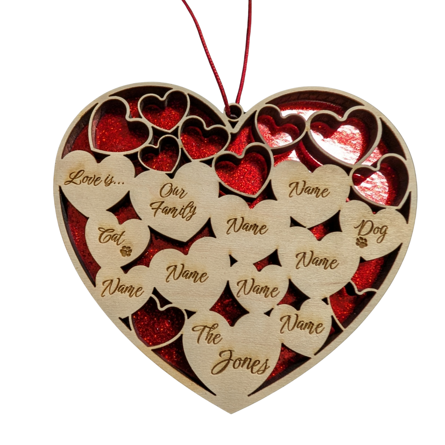 Love Is... Personalized Family Heart Ornament – Custom Names for 2-9 People & Pets