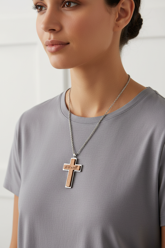 It is well cross necklace lifestyle photo