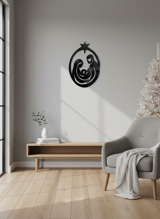Modern Christmas Nativity Wall Hanging - Black MDF Decor