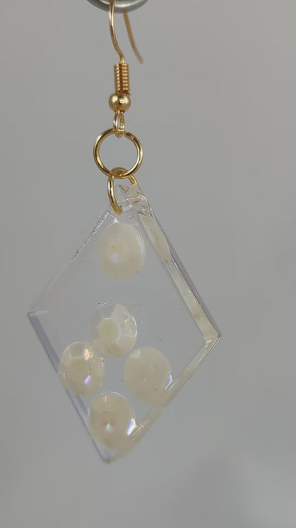 Clear and Pearlized White "Diamond" Resin Art Earrings